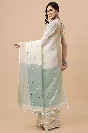 off_white off white & grey embellished embroidered pure linen saree