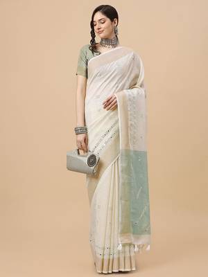 off_white off white & grey embellished embroidered pure linen saree 4