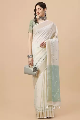 off_white off white & grey embellished embroidered pure linen saree