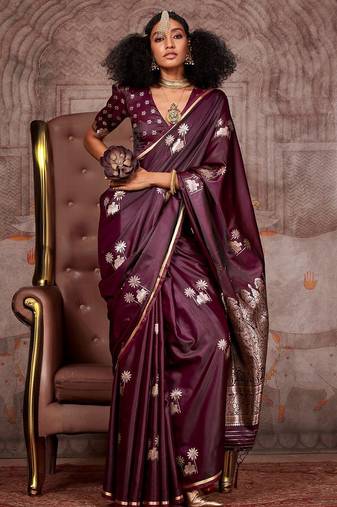 burgundy ethnic motifs zari satin designer gadwal saree
