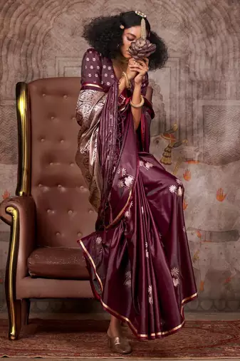 burgundy ethnic motifs zari satin designer gadwal saree