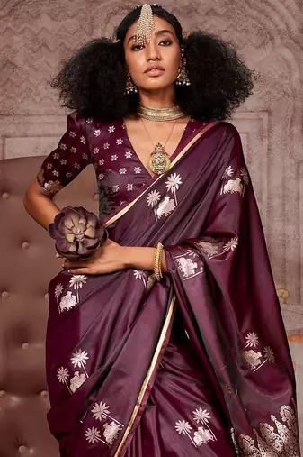 burgundy ethnic motifs zari satin designer gadwal saree
