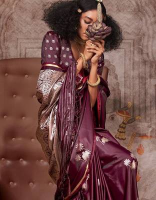 burgundy ethnic motifs zari satin designer gadwal saree 4
