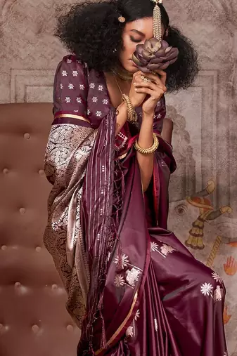 burgundy ethnic motifs zari satin designer gadwal saree