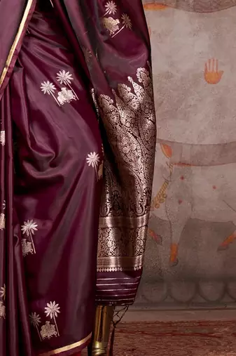 burgundy ethnic motifs zari satin designer gadwal saree