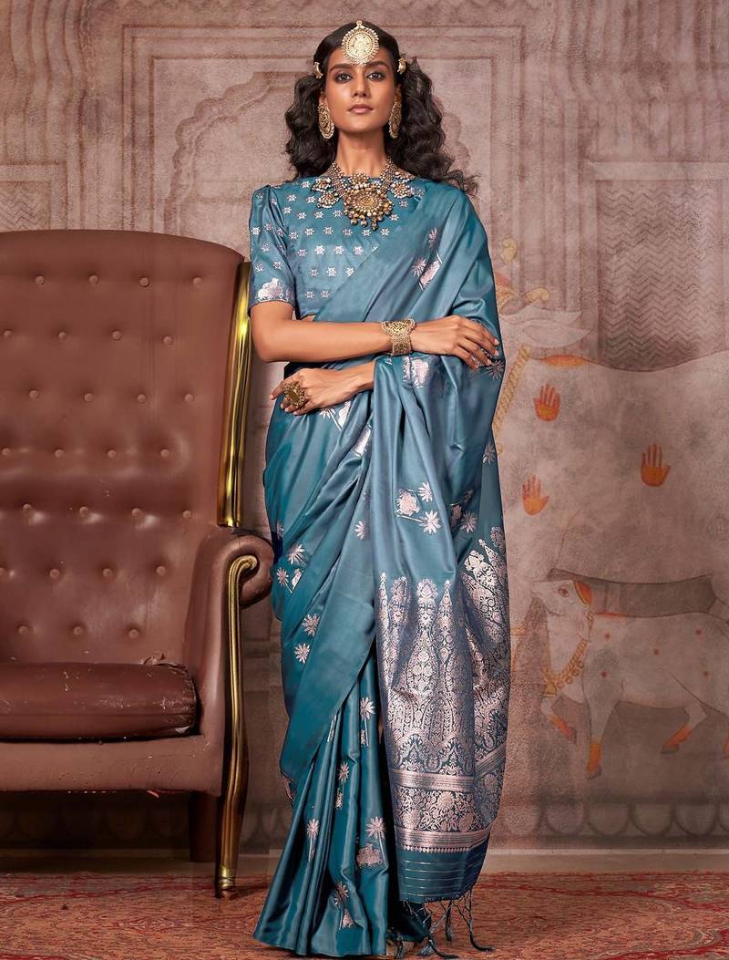 teal ethnic motifs satin gadwal saree