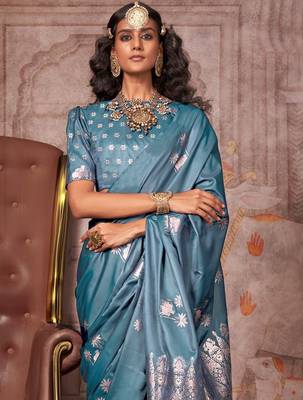 teal ethnic motifs satin gadwal saree 2