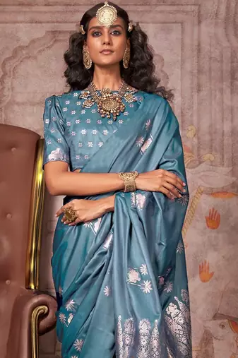teal ethnic motifs satin gadwal saree