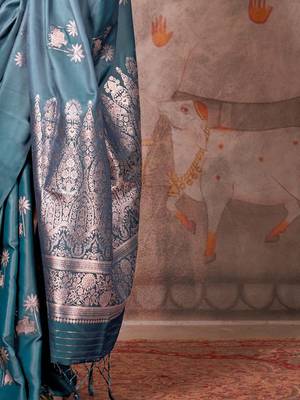 teal ethnic motifs satin gadwal saree 4