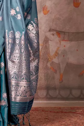 teal ethnic motifs satin gadwal saree