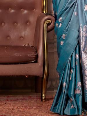 teal ethnic motifs satin gadwal saree 5