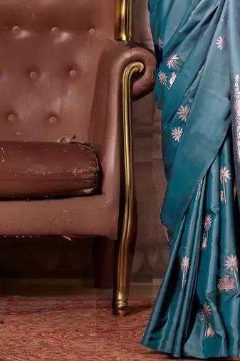 teal ethnic motifs satin gadwal saree