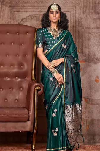 green ethnic motifs zari satin designer gadwal saree