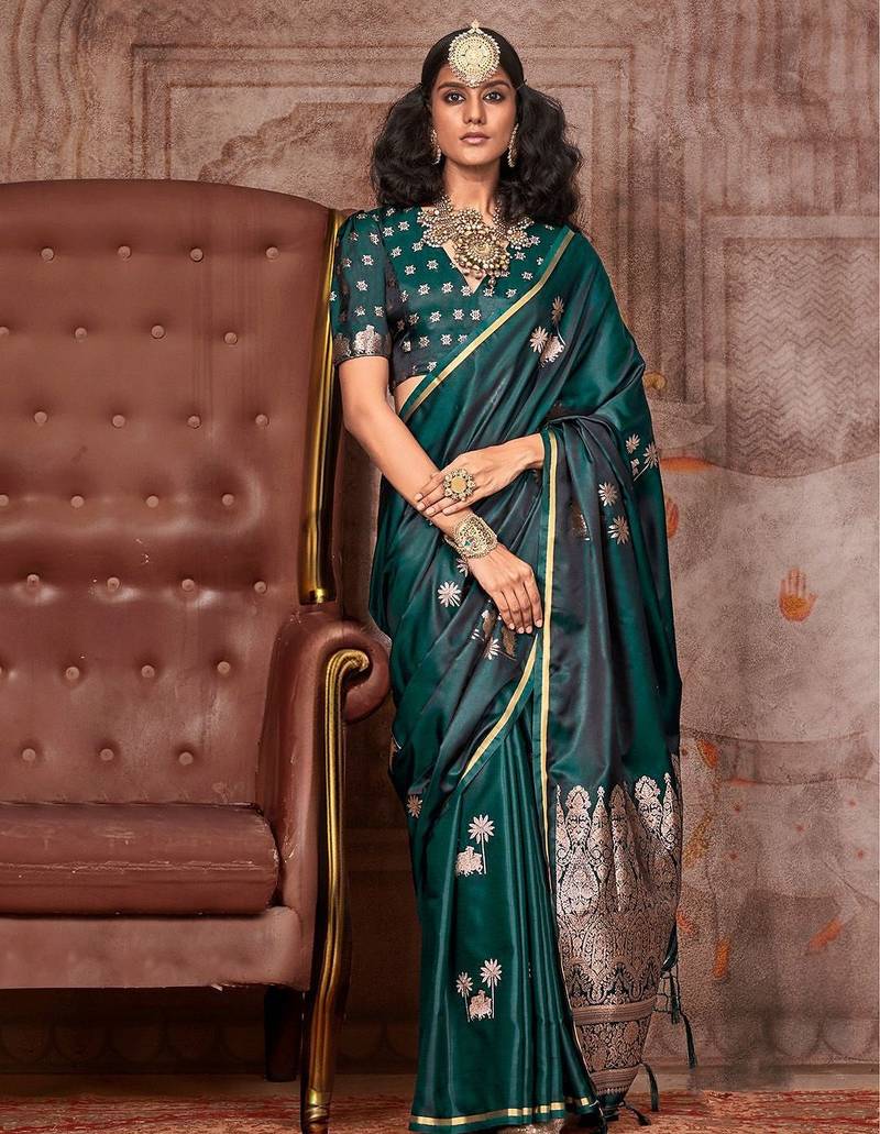 green ethnic motifs zari satin designer gadwal saree