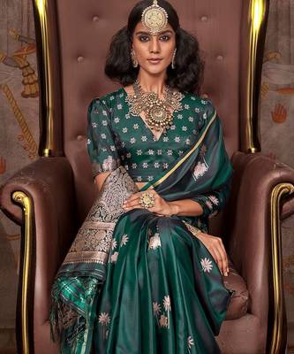 green ethnic motifs zari satin designer gadwal saree 3