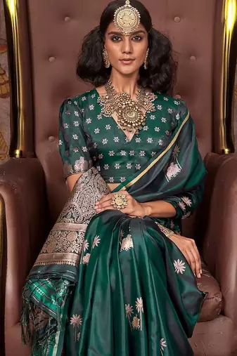 green ethnic motifs zari satin designer gadwal saree