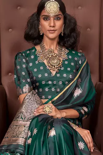 green ethnic motifs zari satin designer gadwal saree