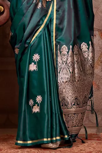 green ethnic motifs zari satin designer gadwal saree