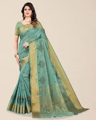 green floral embroidered zari silk cotton mysore silk saree 1