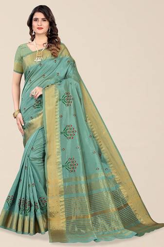 green floral embroidered zari silk cotton mysore silk saree