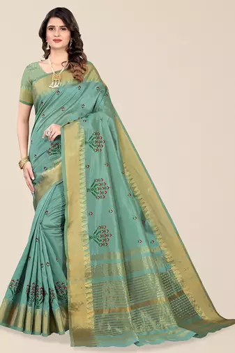 green floral embroidered zari silk cotton mysore silk saree