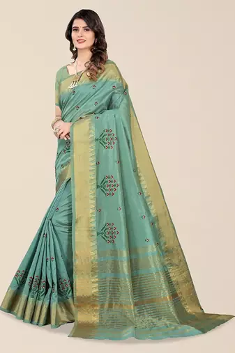 green floral embroidered zari silk cotton mysore silk saree