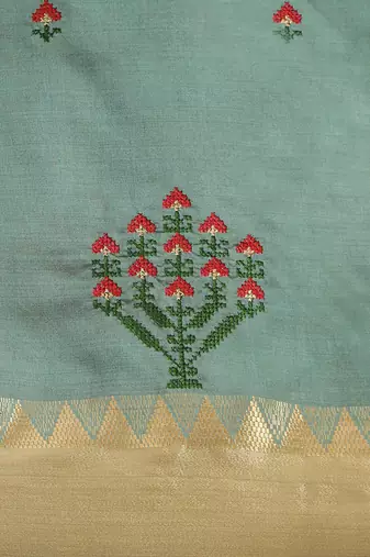 green floral embroidered zari silk cotton mysore silk saree