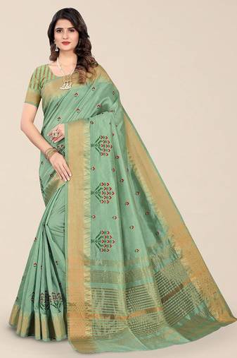 green floral embroidered zari silk cotton mysore silk saree