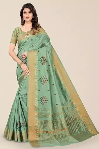 green floral embroidered zari silk cotton mysore silk saree