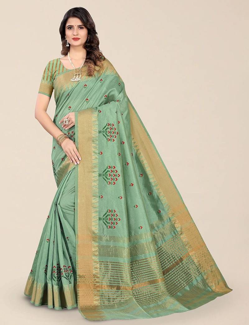 green floral embroidered zari silk cotton mysore silk saree