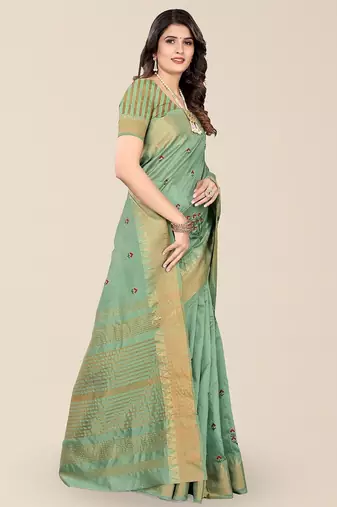 green floral embroidered zari silk cotton mysore silk saree
