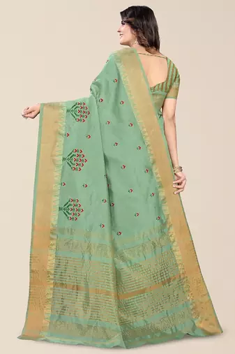 green floral embroidered zari silk cotton mysore silk saree