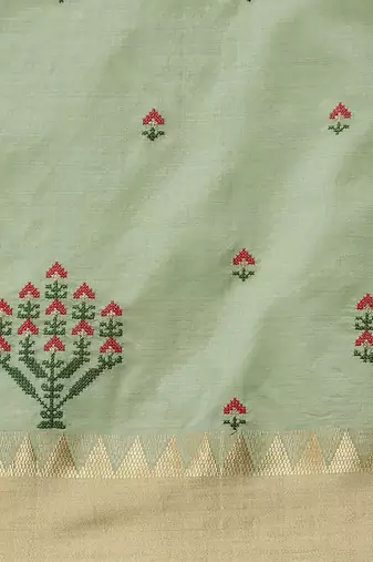 green floral embroidered zari silk cotton mysore silk saree
