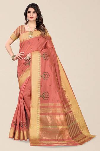 peach ethnic motifs embroidered silk cotton banarasi saree