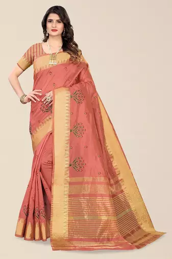 peach ethnic motifs embroidered silk cotton banarasi saree