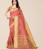 peach ethnic motifs embroidered silk cotton banarasi saree
