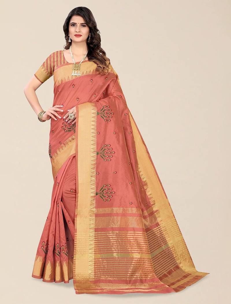peach ethnic motifs embroidered silk cotton banarasi saree