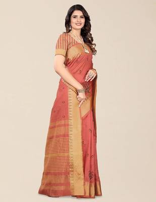 peach ethnic motifs embroidered silk cotton banarasi saree 2