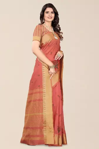peach ethnic motifs embroidered silk cotton banarasi saree