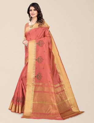peach ethnic motifs embroidered silk cotton banarasi saree 3