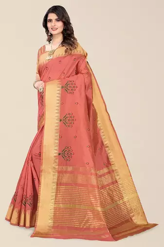 peach ethnic motifs embroidered silk cotton banarasi saree