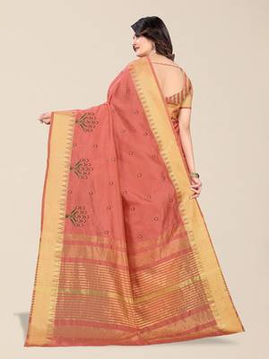 peach ethnic motifs embroidered silk cotton banarasi saree 4