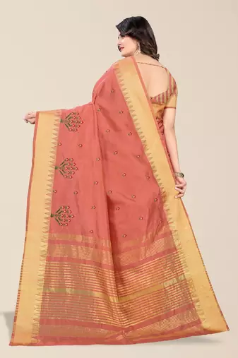 peach ethnic motifs embroidered silk cotton banarasi saree