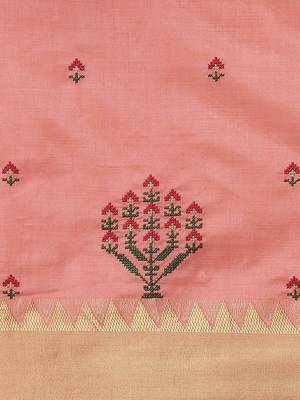 peach ethnic motifs embroidered silk cotton banarasi saree 5