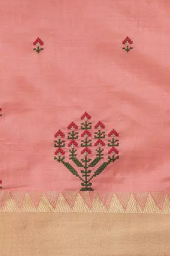peach ethnic motifs embroidered silk cotton banarasi saree