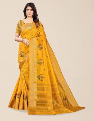 yellow ethnic motifs embroidered silk cotton banarasi saree 1