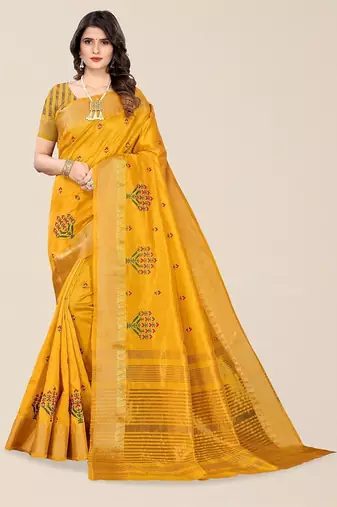 yellow ethnic motifs embroidered silk cotton banarasi saree