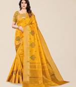 yellow ethnic motifs embroidered silk cotton banarasi saree