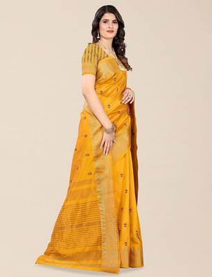 yellow ethnic motifs embroidered silk cotton banarasi saree 2