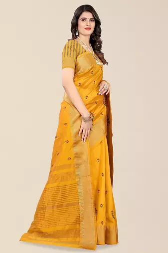 yellow ethnic motifs embroidered silk cotton banarasi saree